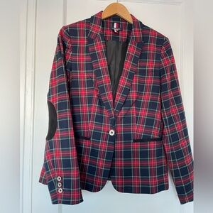 Tommy Hilfiger classic Plaid Blazer w/ black suede-like elbow patches SZ 12